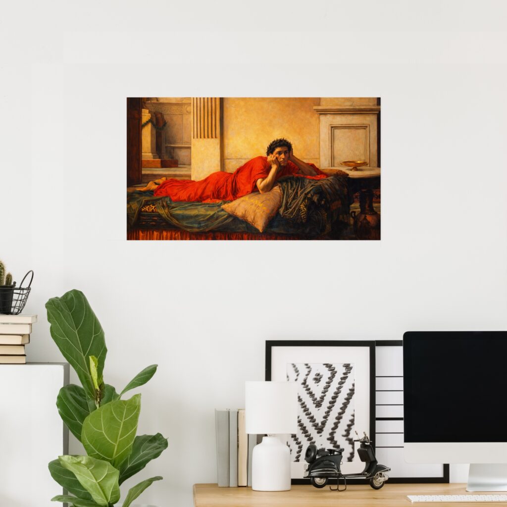 Poster featuring The Remorse of Nero After the Murder of His Mother by John William Waterhouse, showing Nero reclining in a red robe on a bed in a Roman interior, gazing forward against pale stone walls and draped textiles.