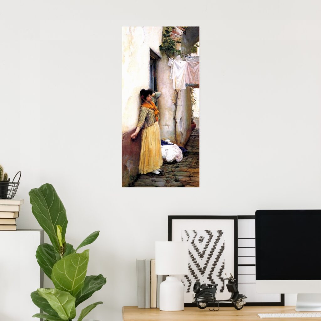 Home office mockup with a framed poster of John William Waterhouse’s painting “Resting” on a white wall above a desk with a computer, lamp, books, and a green plant.