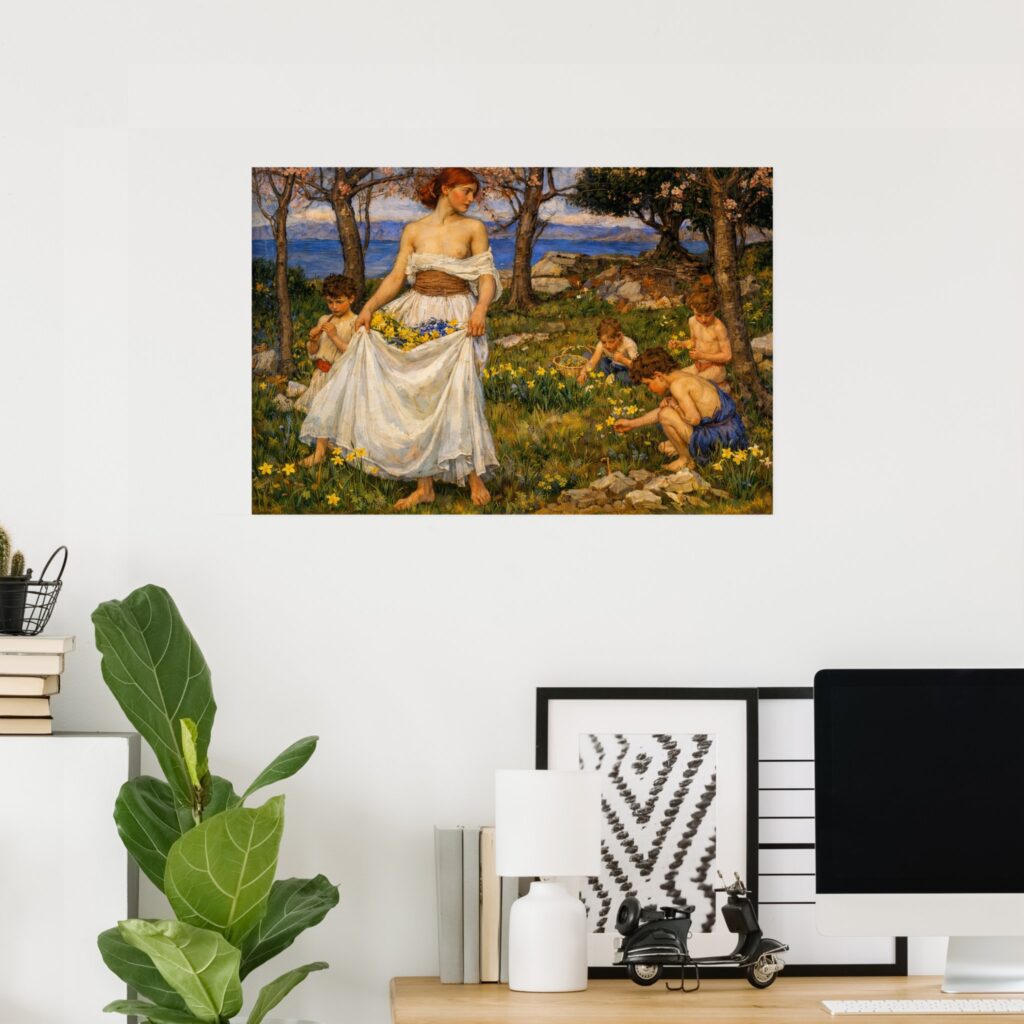 Poster print of “A Song of Springtime” by John William Waterhouse, showing a young woman and children gathering spring flowers in a blooming countryside landscape.