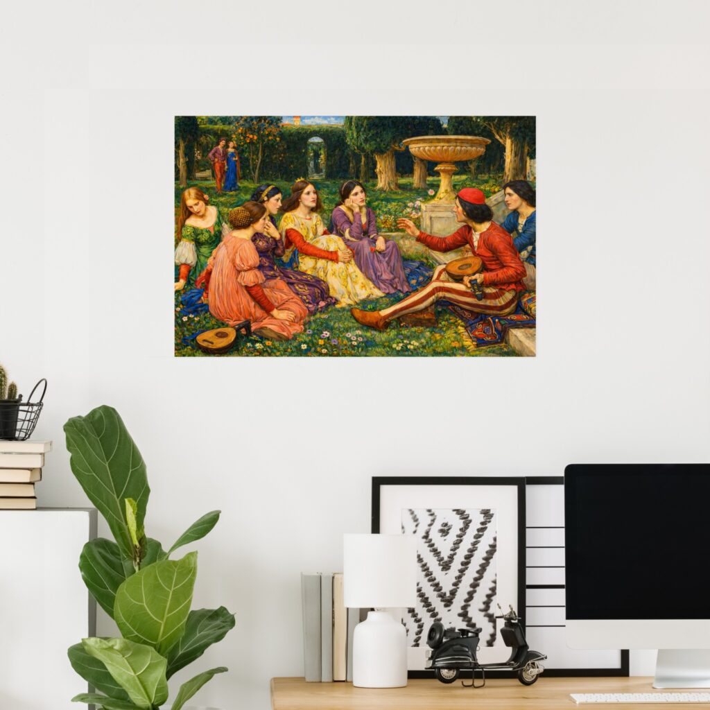 Poster print of “A Tale from the Decameron” by John William Waterhouse, showing a colorful garden scene with women listening to a lute player near a stone fountain.