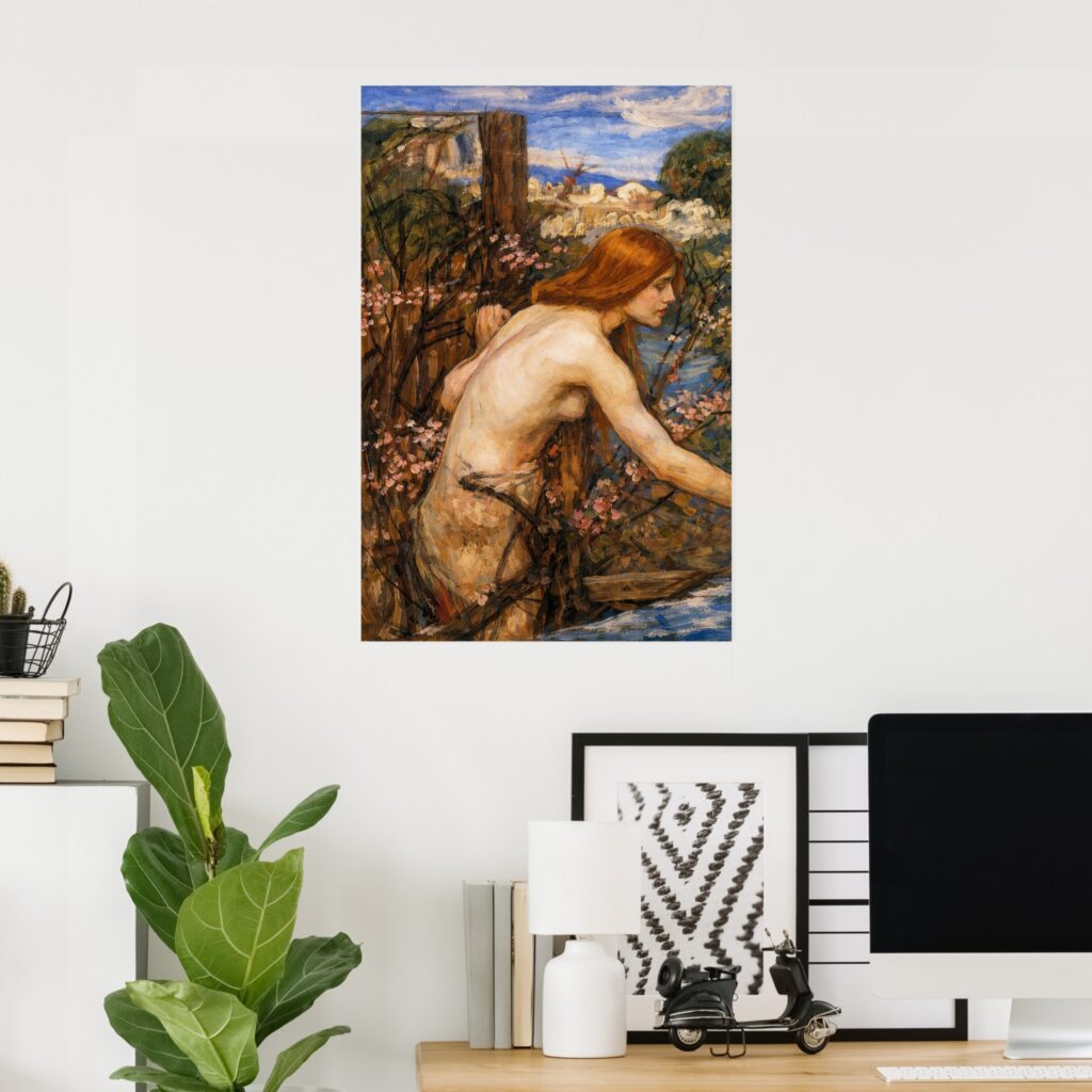 Poster of “Woman Picking Flowers” by John William Waterhouse, featuring a red-haired woman leaning by a riverbank among pink blossoms in a lush landscape under a blue sky.