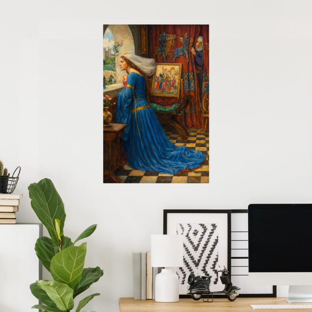 Poster of “Fair Rosamund” by John William Waterhouse, showing a medieval woman in a flowing blue gown and veil standing by a window in a richly detailed interior.