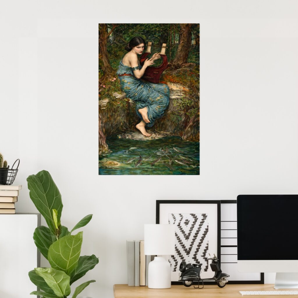 Poster of “The Charmer” by John William Waterhouse displayed in a modern home office, featuring a woman in a blue dress playing a lyre by a woodland stream with fish below.