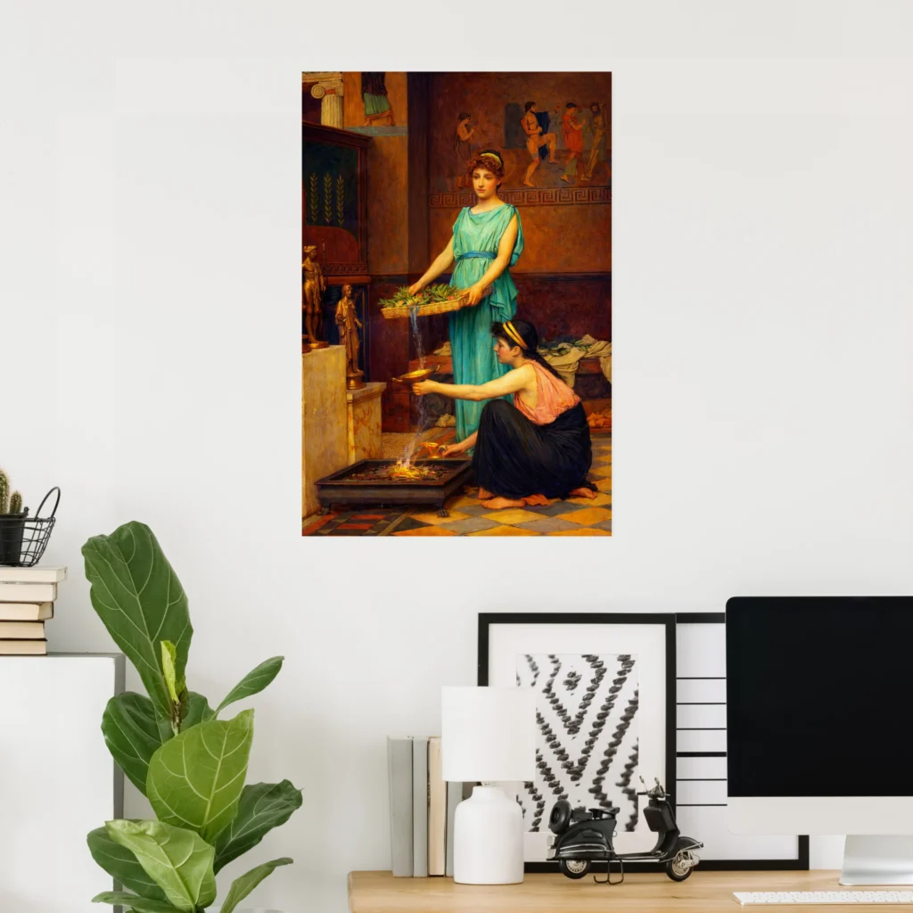 Poster of “The Household Gods” by John William Waterhouse, showing two women in an ancient Roman-style interior performing a household ritual, with warm classical décor and a small brazier in the foreground.