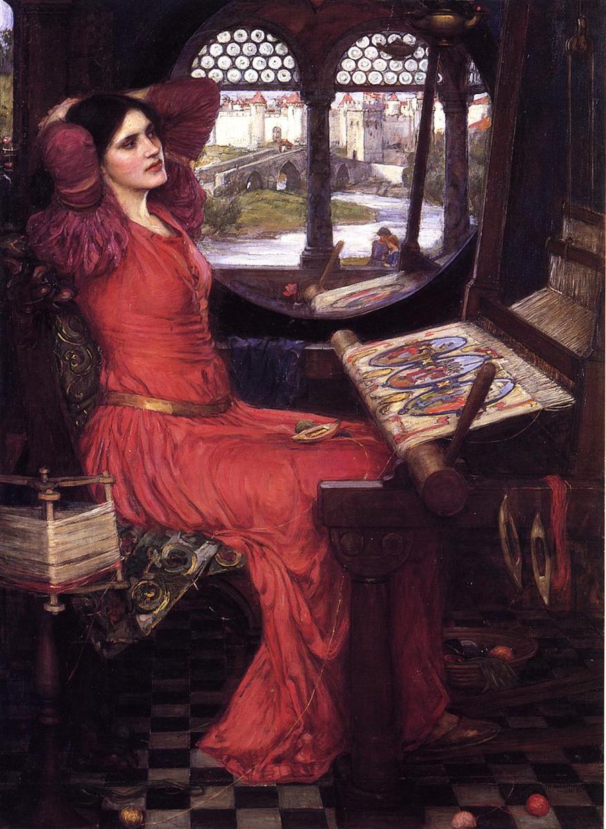 John William Waterhouse painting of the Lady of Shalott in a red dress seated beside a loom inside a dark tower, gazing toward a sunlit river and bridge visible through an arched window.