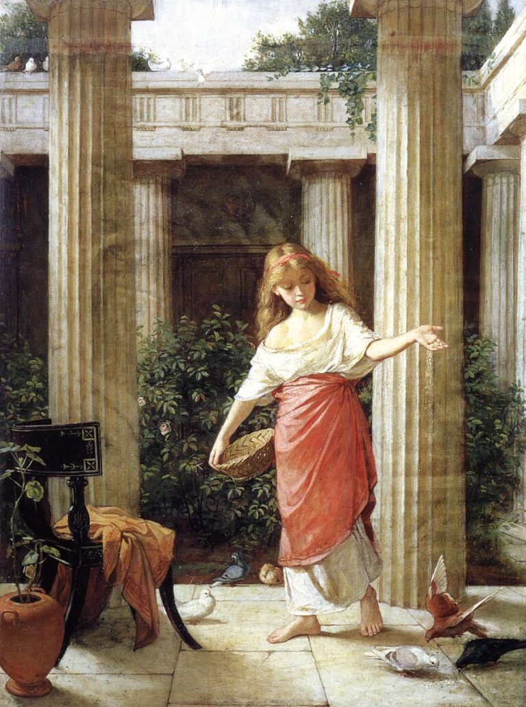 A barefoot young woman in a white tunic and red drape scatters food for birds on a sunlit stone floor inside a classical peristyle courtyard with tall marble columns, greenery, and a chair draped with cloth.