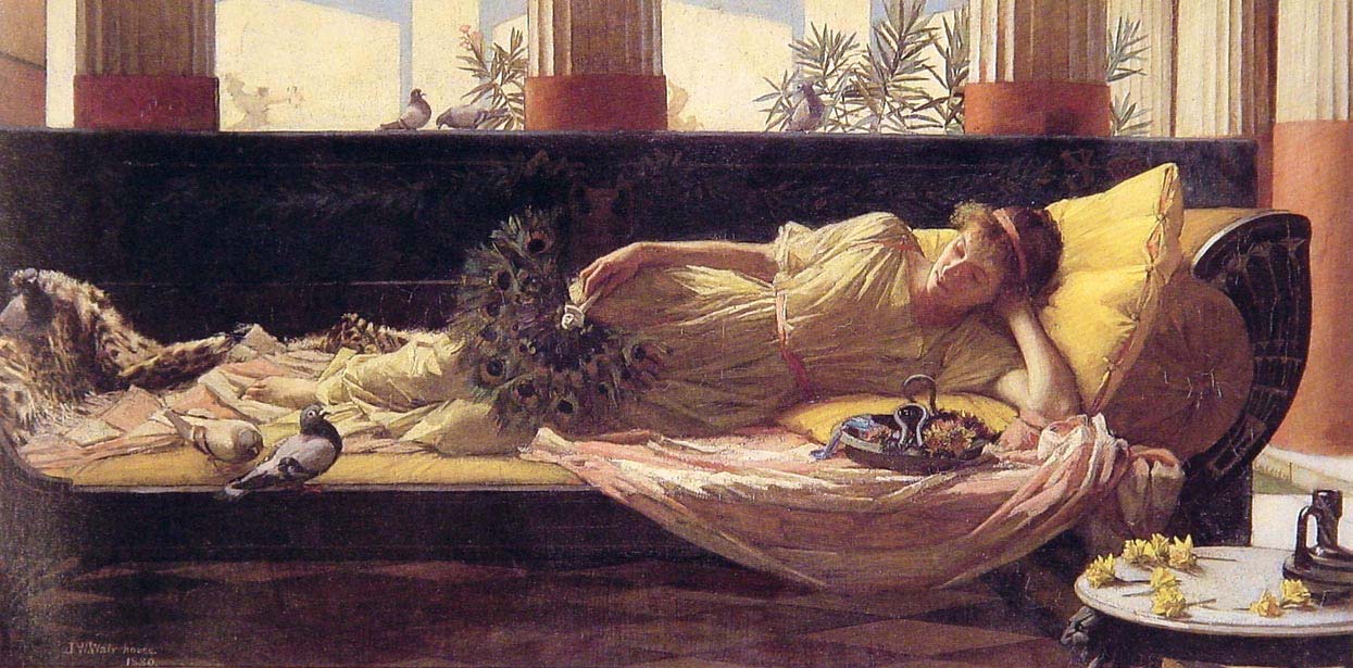 A woman reclines on a dark couch in a sunlit classical room, holding peacock feathers as birds wander nearby, with warm columns, draped pink fabric, and scattered flowers completing a calm scene of leisure.