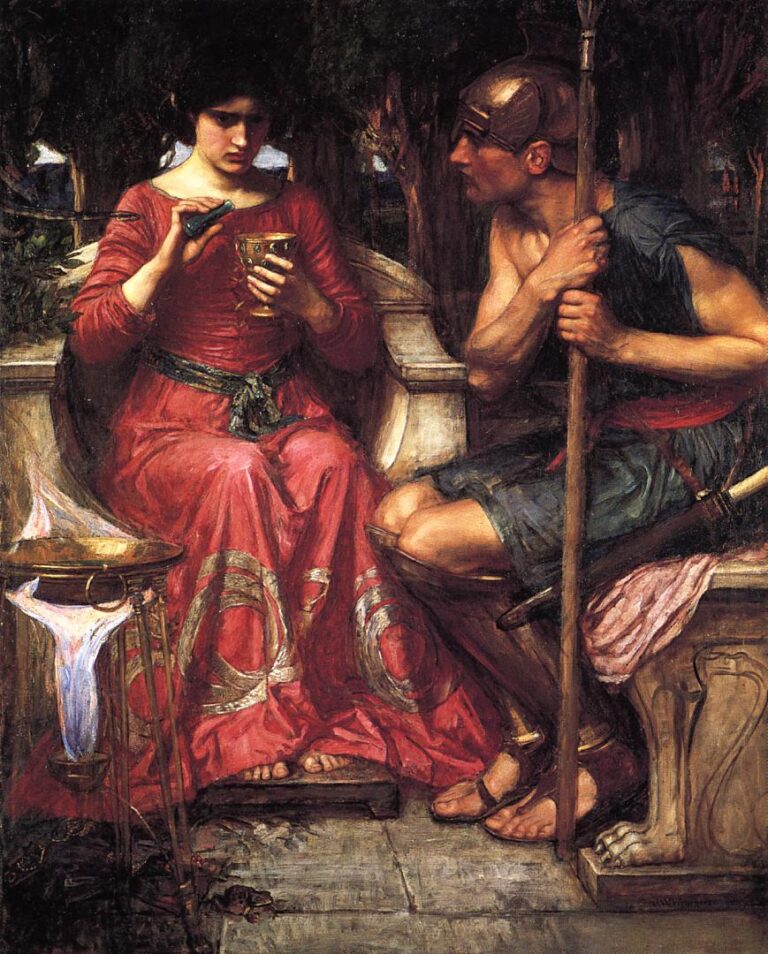 John William Waterhouse’s 1907 painting Jason and Medea, showing Medea in a deep red gown preparing a charm over a goblet beside a pale ritual flame, while Jason in warrior attire leans toward her in a shadowed setting.