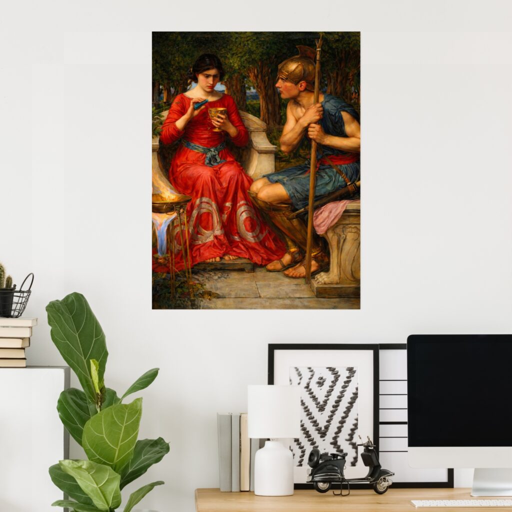Poster of “Jason and Medea” by John William Waterhouse, featuring Medea in a red gown holding a golden cup beside Jason in armor, displayed on a modern home office wall above a desk with a computer, framed art, books, and a green plant.