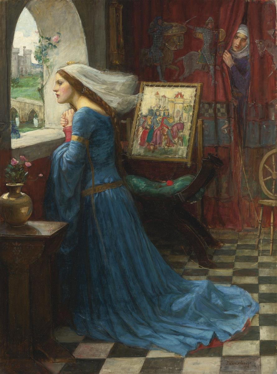 Waterhouse’s Fair Rosamund (1916) shows a woman in a blue gown and veil leaning at a stone window, with red curtains, a watchful figure behind fabric, and a framed scene of knights in a dim medieval interior.