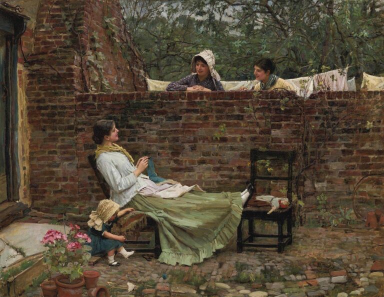 Victorian courtyard scene with a woman reclining and sewing while a child stands nearby, as two smiling women lean over a brick wall to chat; laundry hangs behind them and leafy trees frame the background.