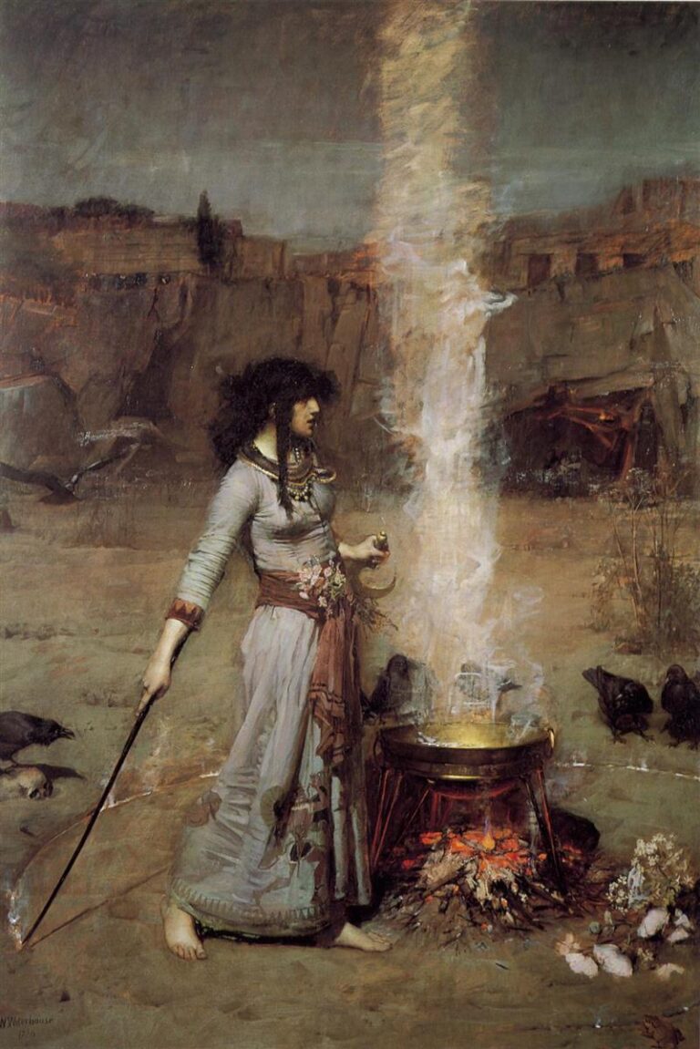 John William Waterhouse’s 1886 painting The Magic Circle showing a barefoot woman in a pale dress drawing a ritual circle with a staff beside a smoking brazier, watched by dark birds in a rocky landscape with distant ruins.