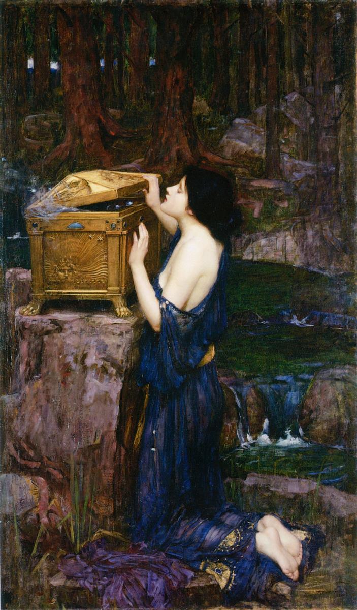 Waterhouse’s “Pandora” shows a kneeling woman in deep blue drapery opening a gilded chest on a rock beside a dark forest stream, as pale vapor curls from the lifted lid.