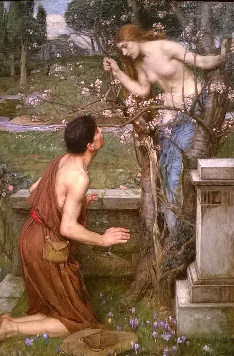 John William Waterhouse, Phyllis and Demophoön (1905), a kneeling man in a brown garment pleads at a garden wall while a pale, partially nude woman stands among blossoming branches above him, framed by stone architecture and spring greenery.