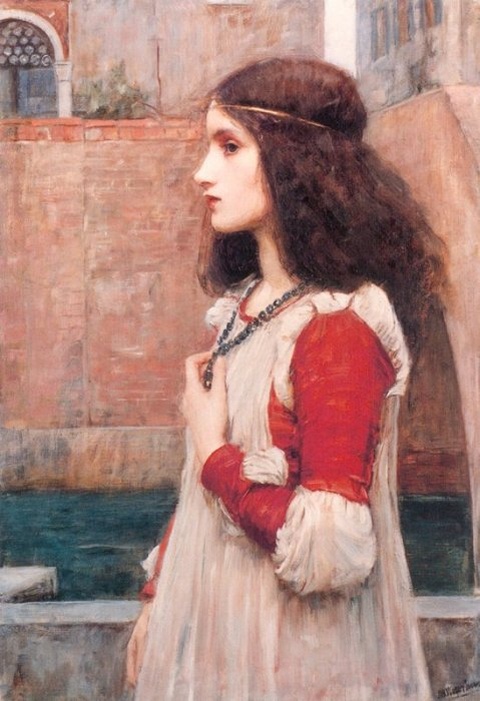 Profile view of Juliet by John William Waterhouse (1898), a young woman with long dark hair and a simple headband, wearing a pale gown with red sleeves and a dark necklace, standing beside a stone parapet with green-blue water and a warm brick wall behind her.