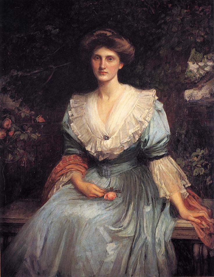 Lady Violet Henderson seated in a dark garden, wearing a pale blue dress with a white ruffled neckline and a warm shawl, holding a rose, painted by John William Waterhouse in 1907.