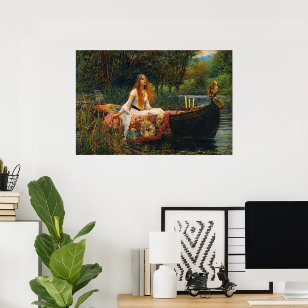 Poster of “The Lady of Shalott” by John William Waterhouse, showing a red-haired woman seated in a boat on a calm river, surrounded by lush greenery, displayed on a wall above a modern desk setup.