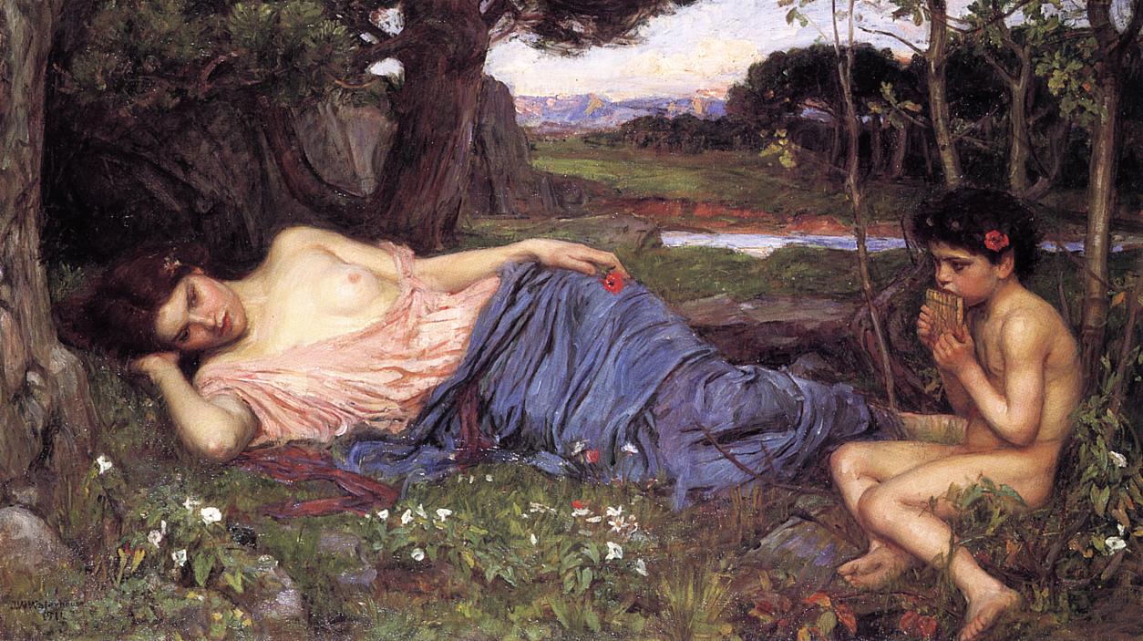 John William Waterhouse, Listen to My Sweet Pipings (1911), a reclining nymph in pink and blue drapery resting under trees while a young faun sits nearby playing panpipes beside a shaded meadow with distant hills and water.