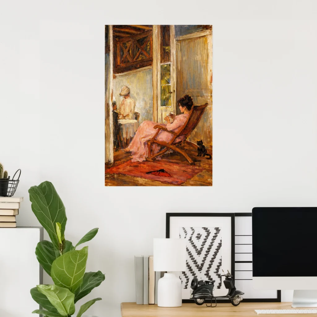 Poster print of “The Loggia” by John William Waterhouse, showing a woman in a pink dress reclining in a chair on a sunlit veranda, with a small black cat beside her.