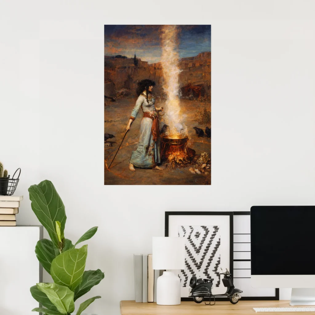 Poster of “The Magic Circle” by John William Waterhouse hanging on a white wall above a home office desk with a plant, books, framed artwork, a lamp, and a desktop computer.