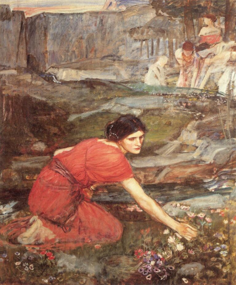 John William Waterhouse, Maidens Picking Flowers by a Stream (1911), painting of a kneeling maiden in a red dress reaching toward flowers by a stream, with rocky cliffs and distant female figures in a soft, atmospheric landscape.