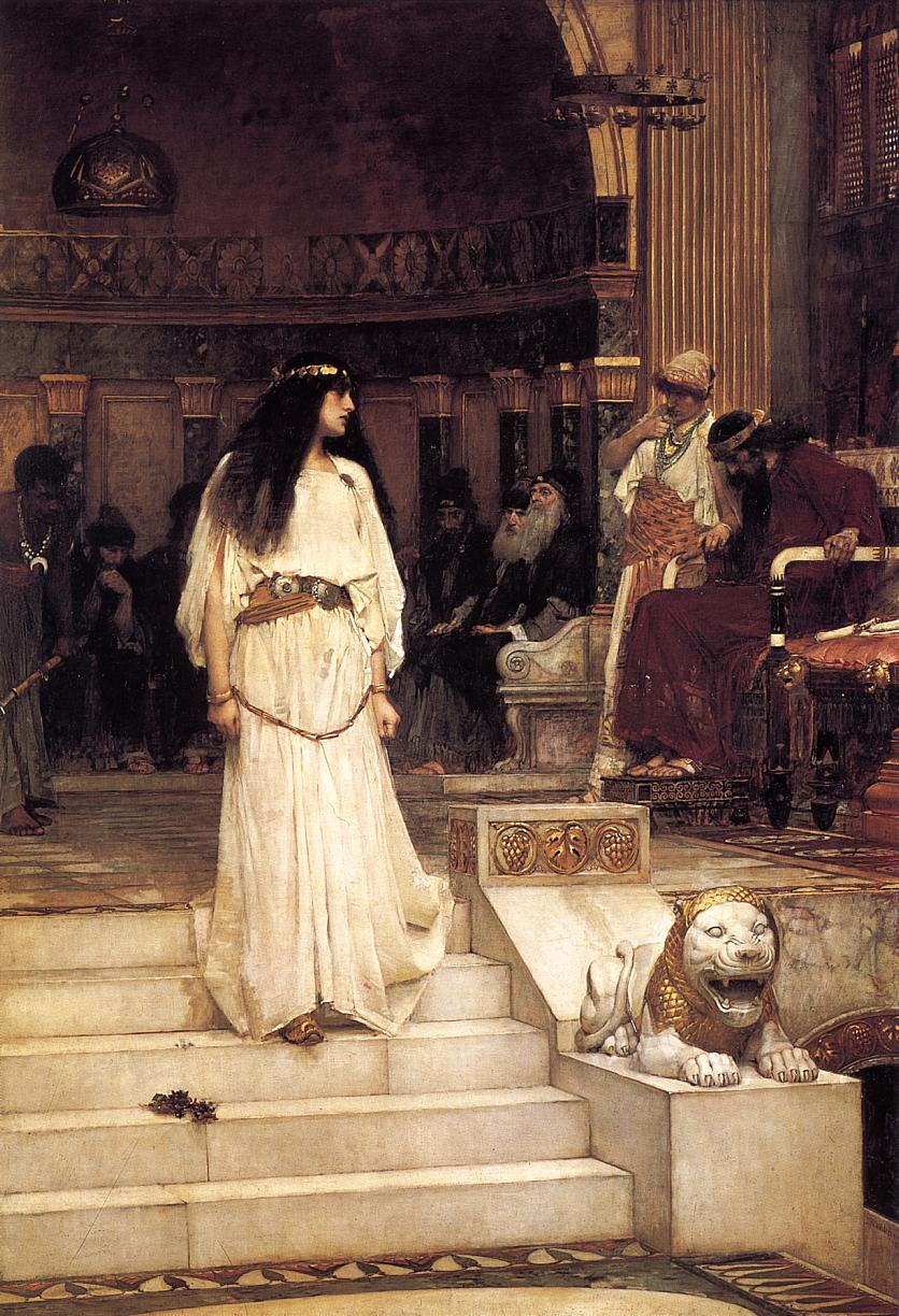 A woman in a flowing white dress descends pale stone steps in an ornate ancient court while Herod sits in shadow on a raised seat to the right, surrounded by onlookers and rich architectural details, with a carved stone lion in the foreground.