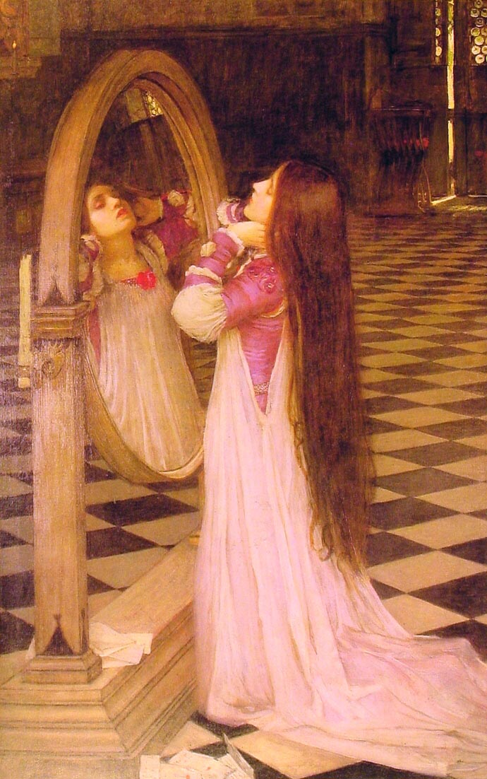 A lone woman in a pale dress and pink bodice stands before a tall oval mirror on a wooden stand, lifting her hands to her throat as her long dark hair falls to the floor, in a dim interior with a black and white checkered tile floor and a bright opening at the right.