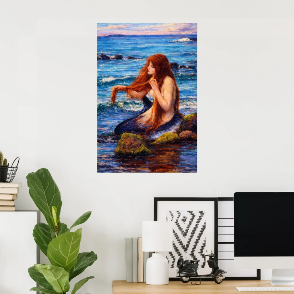 A framed poster of “Sketch for A Mermaid” by John William Waterhouse, showing a red-haired mermaid seated on rocks at the shore, combing her long hair as blue waves roll in behind her.