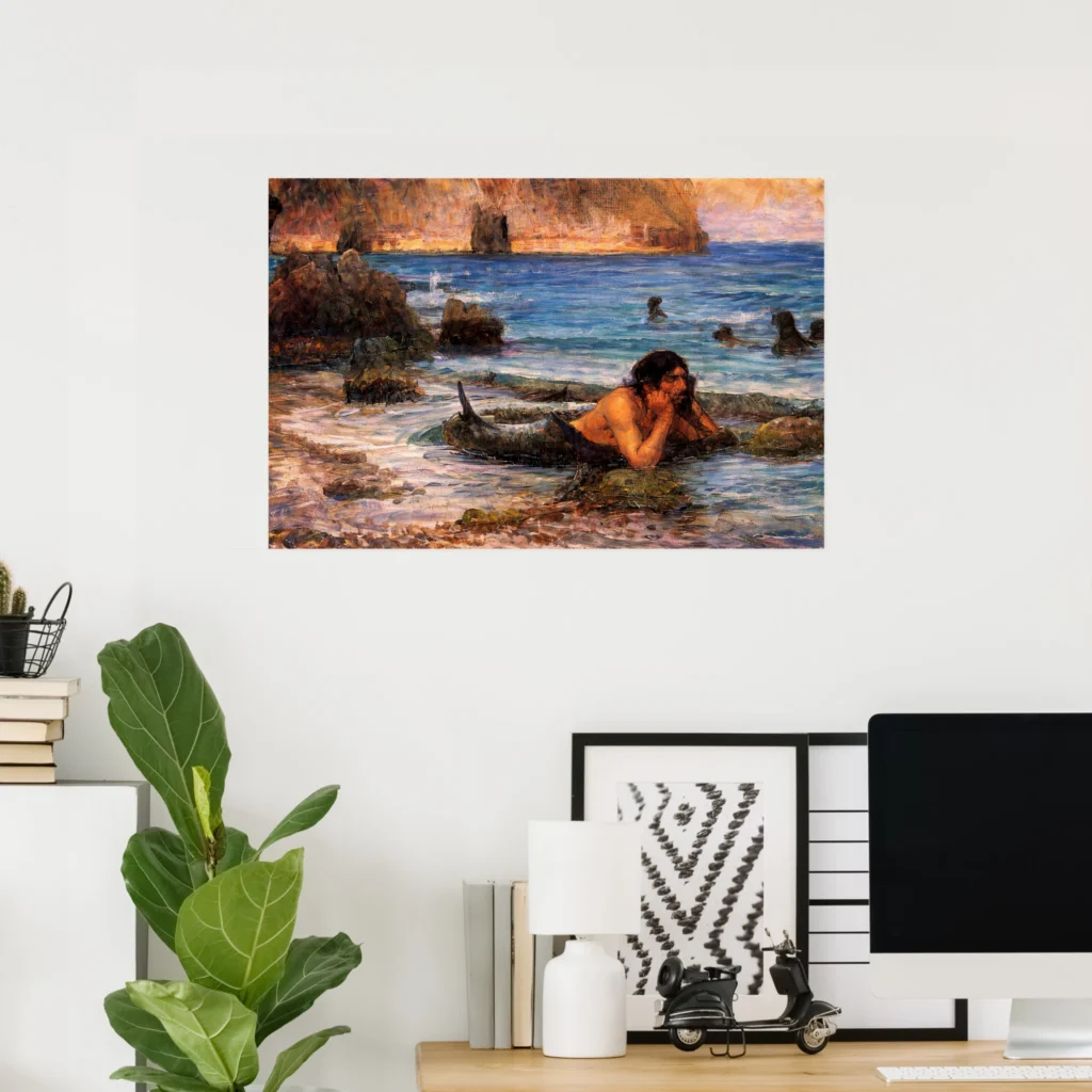 Poster of “The Merman” by John William Waterhouse, showing a merman resting on rocks in shallow surf with blue sea and cliffs in the background.