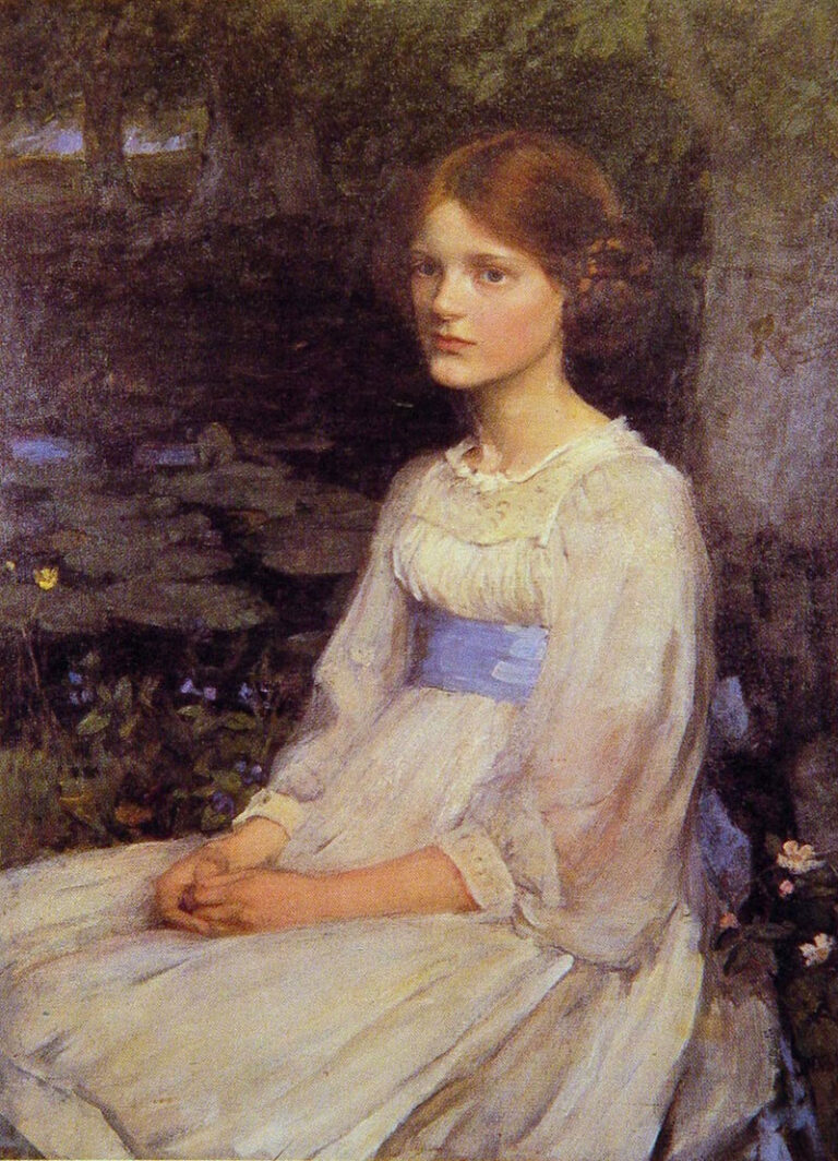 John William Waterhouse, Miss Betty Pollock (1911), portrait of a young woman in a white dress with a blue sash seated by a dark stream with lily pads and flowers beneath trees.