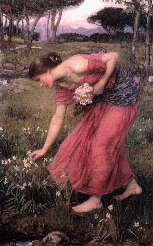 Persephone in a red dress bends barefoot in a meadow to pick small white flowers, with trees and a pale violet sky in the background, painted by John William Waterhouse in 1912.