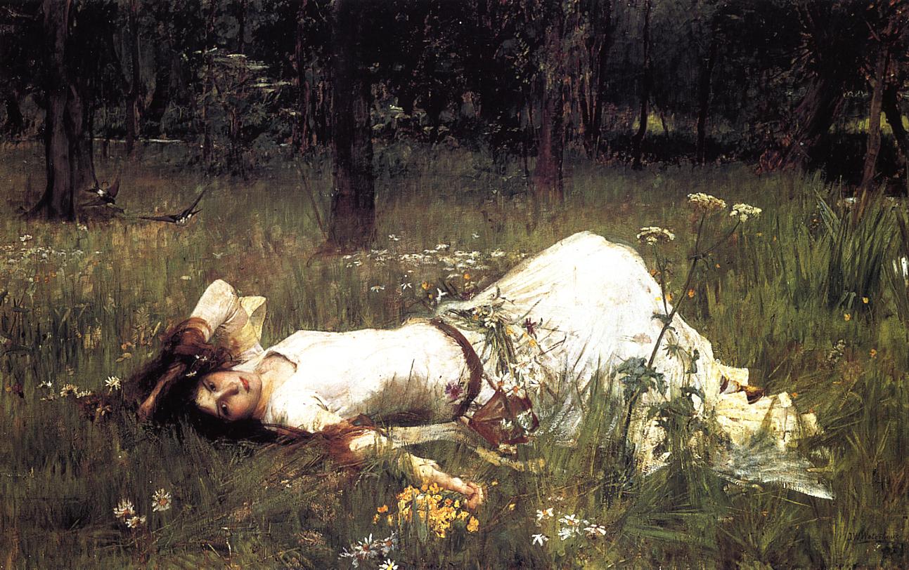 John William Waterhouse, Ophelia (1889), a young woman in a flowing white dress lying in a grassy meadow dotted with wildflowers, with dark trees forming a shadowed backdrop.
