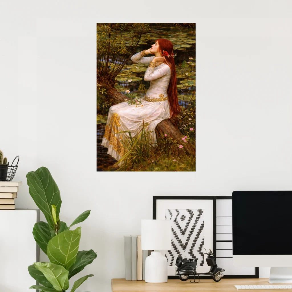 Poster of “Ophelia” by John William Waterhouse, showing a red-haired woman in a white dress sitting by a lily-covered pond in a Pre-Raphaelite style.