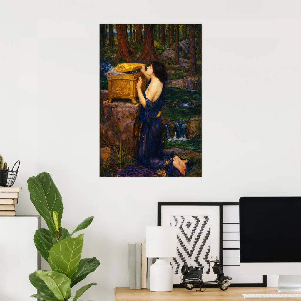 Poster of “Pandora” by John William Waterhouse on a minimalist home office wall above a desk with a computer, framed prints, books, and a green houseplant.