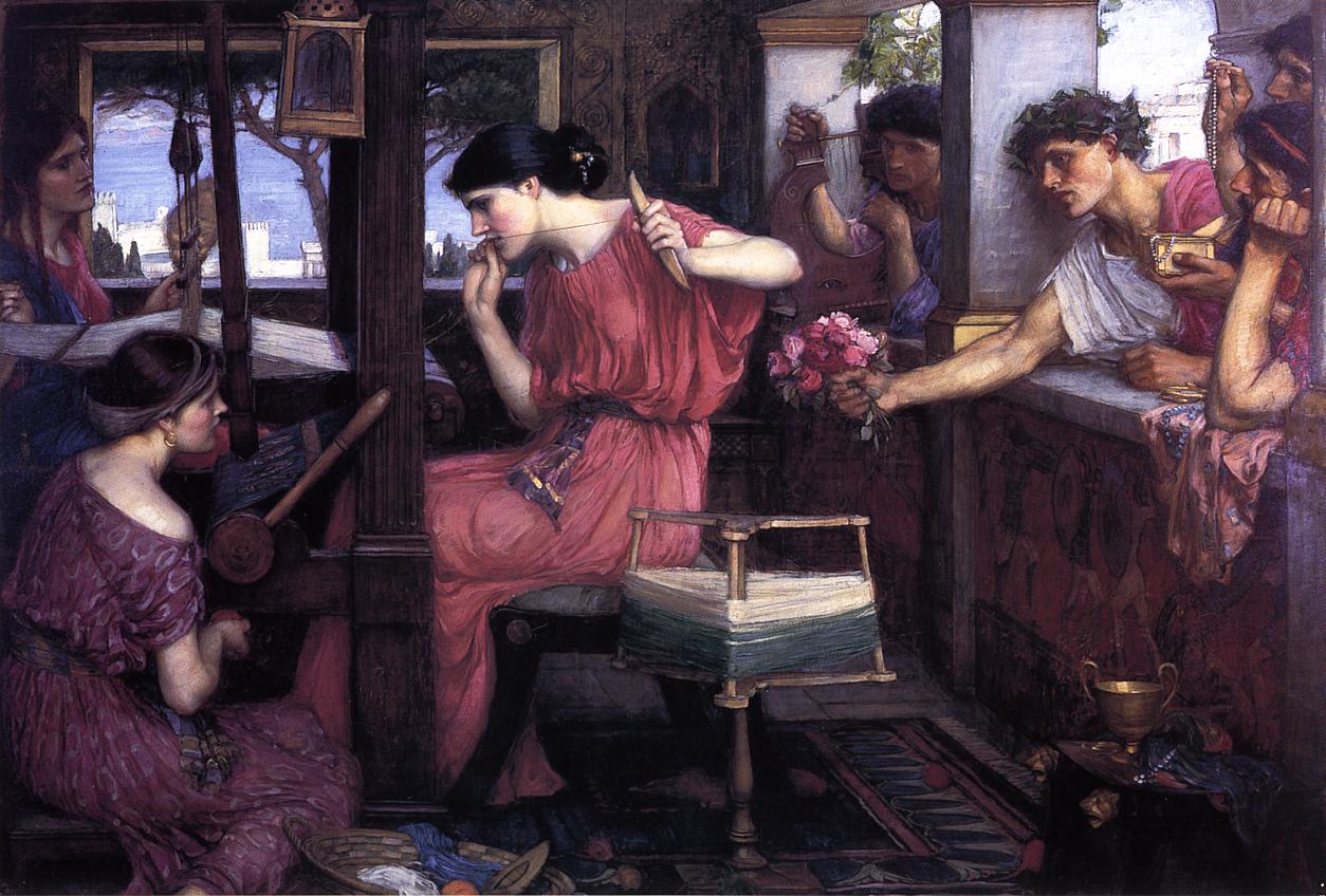 John William Waterhouse, Penelope and the Suitors (1912), Penelope in a red dress beside a loom turning away as crowned suitors lean in offering flowers and jewelry inside a shadowed classical interior with views of sea and sky.