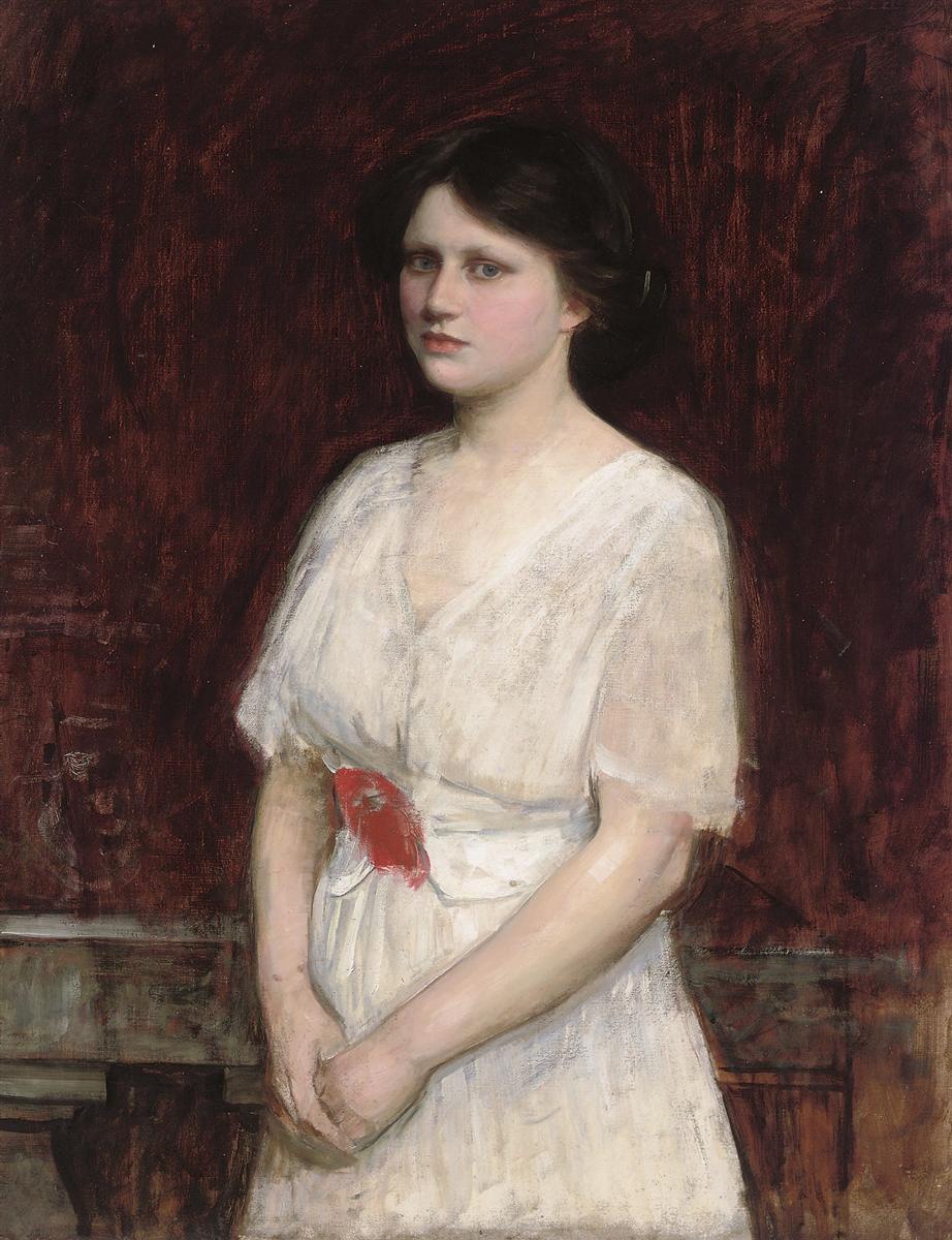 John William Waterhouse, Portrait of Miss Claire Kenworthy (1900), portrait of a young woman in a pale white dress with a red waist accent, standing with clasped hands against a dark red-brown interior background.
