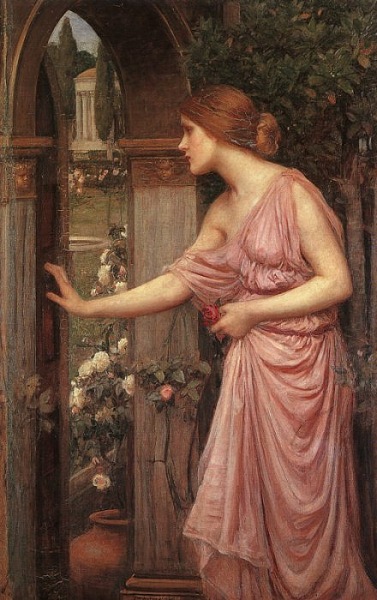 John William Waterhouse, Psyche entering Cupid's Garden (1903), a woman in a pink draped gown pauses in profile at an arched doorway, hand extended toward a shadowed garden with flowers and classical architecture beyond.