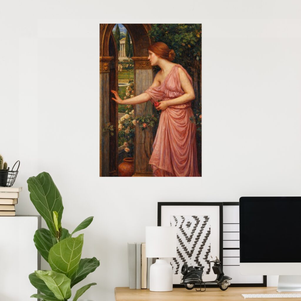 Poster of “Psyche Entering Cupid’s Garden” by John William Waterhouse on a minimalist home office wall above a desk, featuring Psyche in a pink draped gown at an arched doorway with a garden beyond.