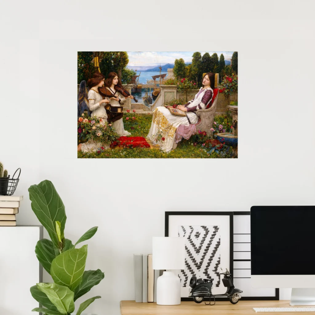 Poster print of “Saint Cecilia” (1895) by John William Waterhouse, a Pre-Raphaelite painting showing Saint Cecilia reclining in a garden while two women play violins, with a coastal harbor and flowers in the background.
