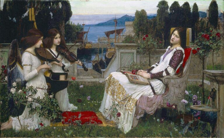 John William Waterhouse, Saint Cecilia (1895), showing a reclining woman with an illuminated book on her lap listening to two musicians, one winged like an angel, on a flowered terrace overlooking a harbor and distant mountains.