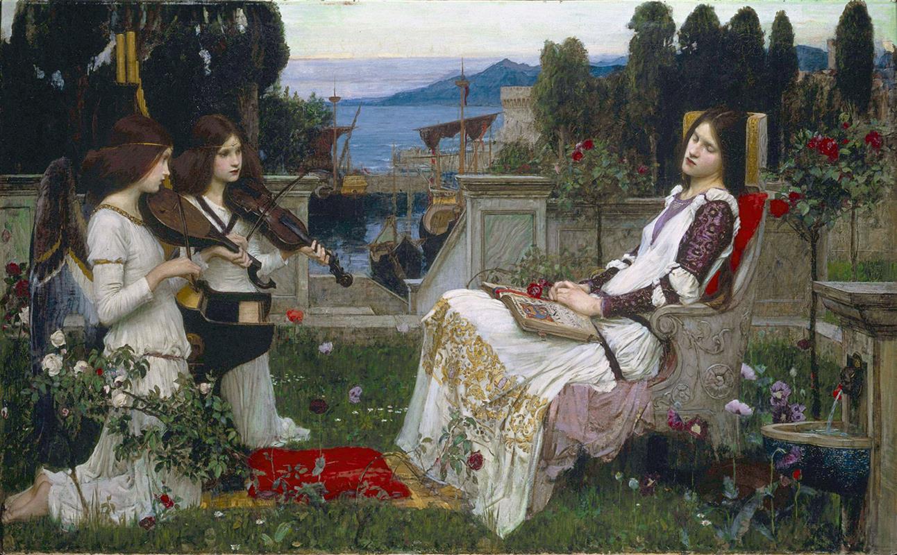 John William Waterhouse, Saint Cecilia (1895), showing a reclining woman with an illuminated book on her lap listening to two musicians, one winged like an angel, on a flowered terrace overlooking a harbor and distant mountains.