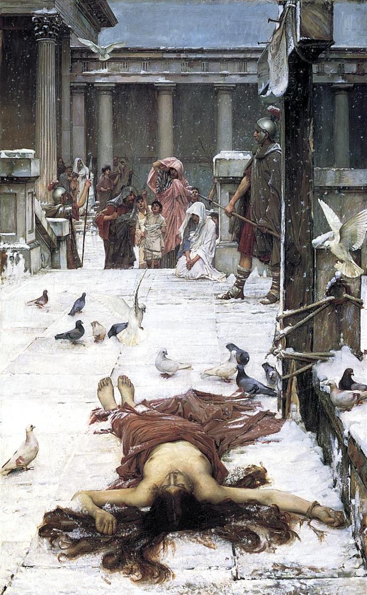 John William Waterhouse’s 1885 painting Saint Eulalia showing a young martyr lying on a snow covered stone pavement in a Roman courtyard as doves gather and a crowd watches near tall columns.