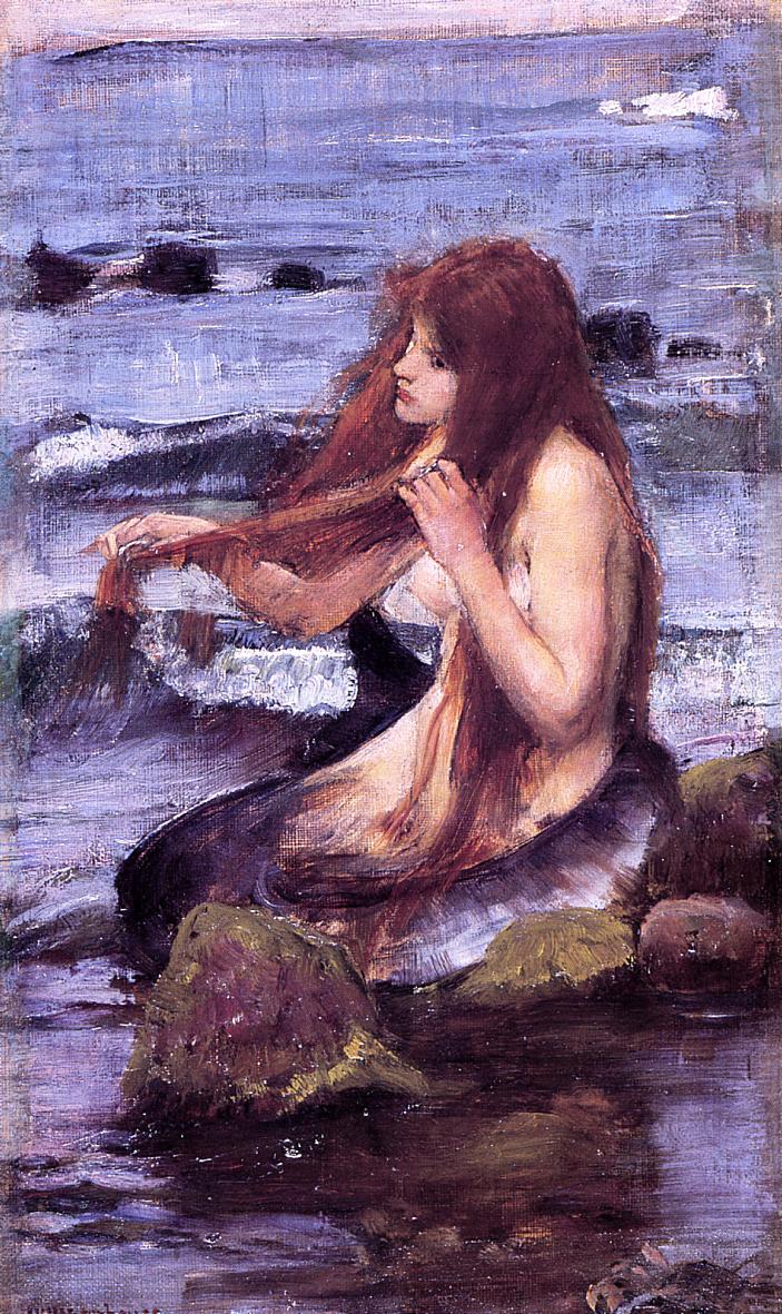 Sketch for A Mermaid (1892) by John William Waterhouse, showing a red-haired mermaid seated on rocks, gathering her long hair as violet-gray waves and white foam churn behind her.