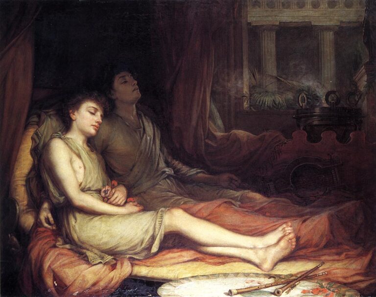 “Sleep and His Half Brother Death” (1874) by John William Waterhouse, showing two reclining figures on a draped bed in a dim classical interior, with warm red textiles, soft lamplike light on pale skin, drifting smoke, and musical instruments nearby.