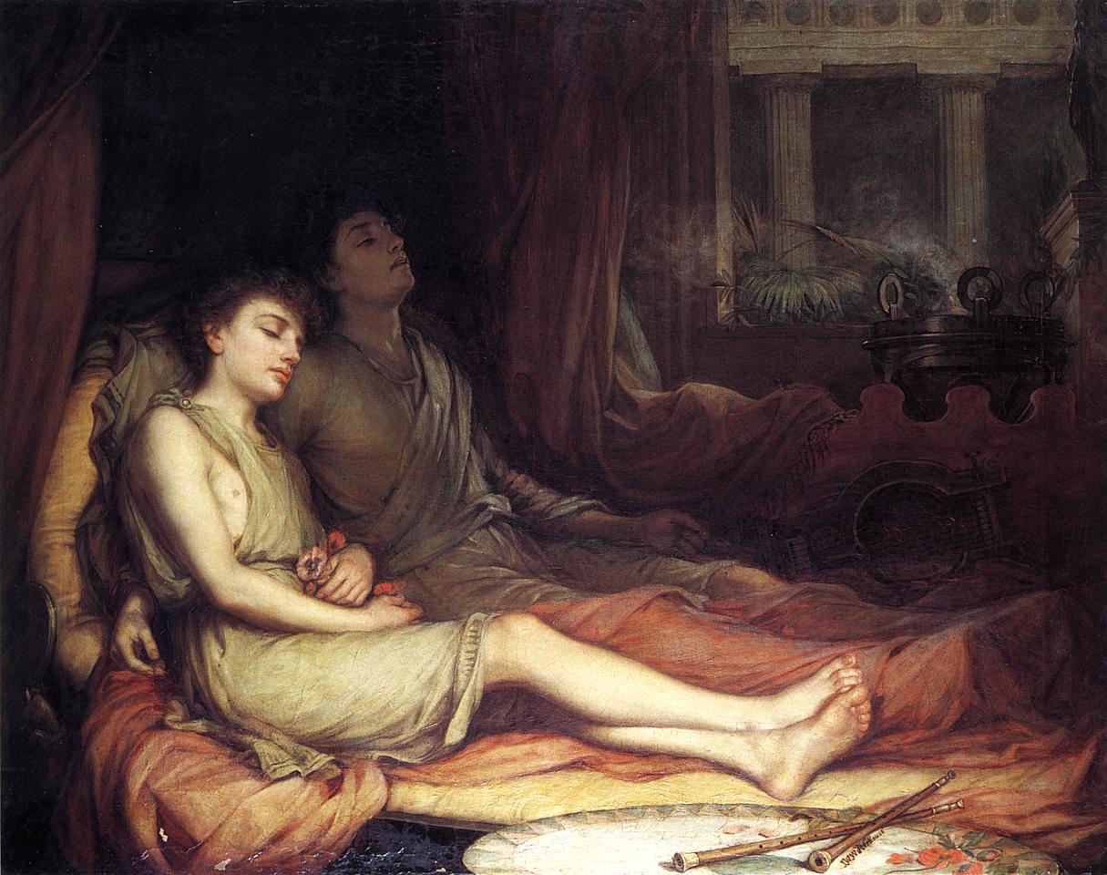 “Sleep and His Half Brother Death” (1874) by John William Waterhouse, showing two reclining figures on a draped bed in a dim classical interior, with warm red textiles, soft lamplike light on pale skin, drifting smoke, and musical instruments nearby.