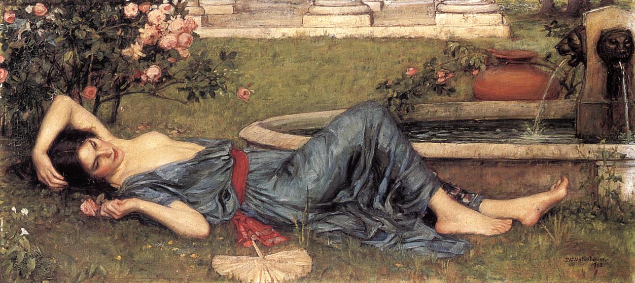 John William Waterhouse, Sweet Summer (1912), reclining woman in a garden beside a stone fountain with roses and greenery, wearing a blue gray dress with a red sash, resting on sunlit grass.