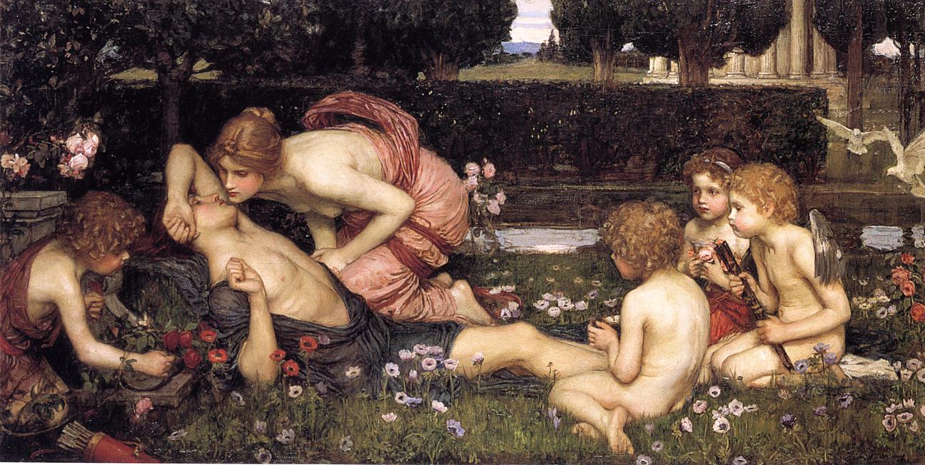 John William Waterhouse, The Awakening of Adonis, 1899, mythological garden scene with a reclining Adonis, Aphrodite leaning to awaken him, and several cupids among red and pink flowers beside a hedge and water.