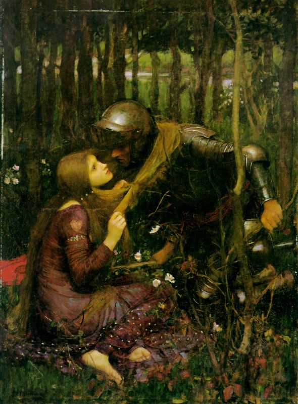 Waterhouse’s 1893 scene of a barefoot woman in a mauve dress gazing up at a kneeling armored knight in a shadowy forest, her hand holding a scarf between them.