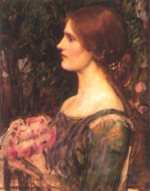 Profile portrait of a woman holding a pink bouquet in a dark green garden, painted with soft brushwork and muted tones by John William Waterhouse, 1908.