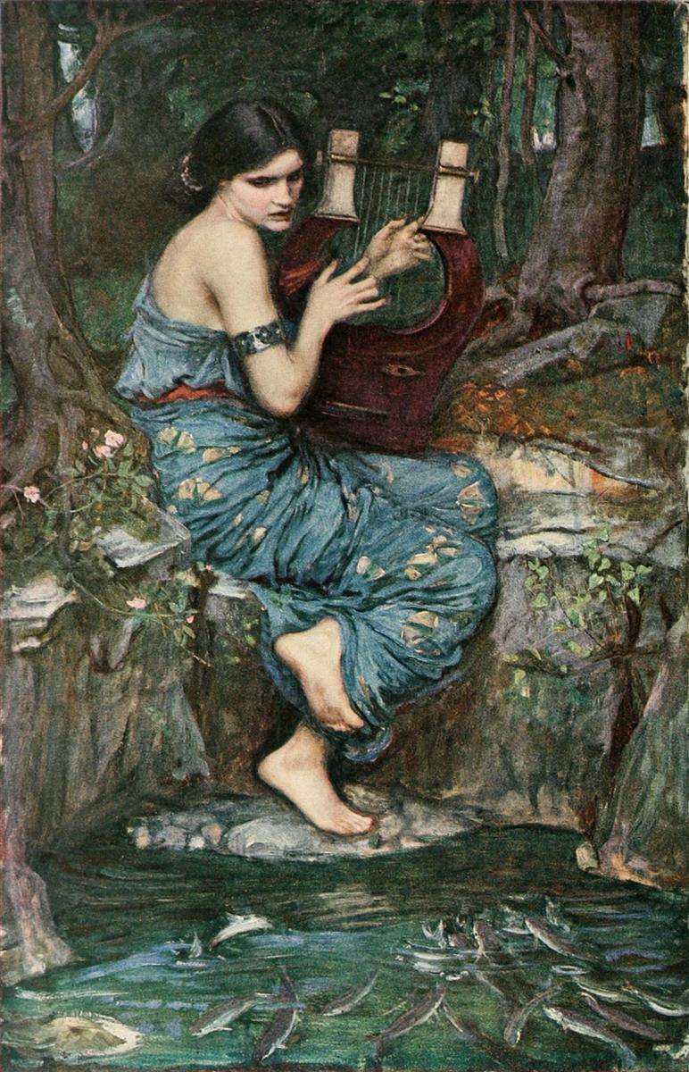 A young woman in a blue draped gown kneels on rocks beside a dark woodland pond, holding a lyre as fish gather near the water’s surface, in John William Waterhouse’s 1911 painting “The Charmer.”
